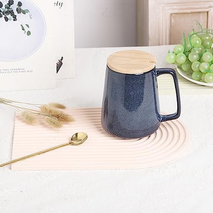 Large Ceramics Coffee Mugs,24 OZ,With Spoon And Wooden Lid,For Coffee,Tea,Cocoa,Large Handle Design,Microwave And Dishwasher Safe(Color:24 oz blue set) - color: 24 oz blue set