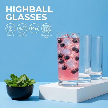 Godinger Highball Drinking Glasses, Italian Made Tall Glass Cups, Water Glasses Drinking Set, Cocktail Glasses - 14oz, Set of 4, Made In Italy | Premium quality 14oz drinking glasses set of 4, cocktail glasses, soda, juice, or everyday use, lead-free, dis