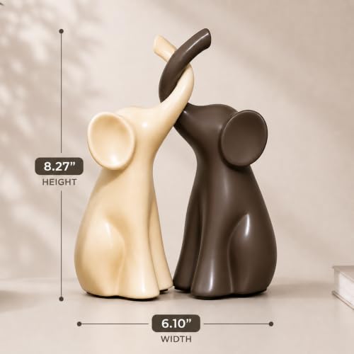 Elephant Figurines Home Decor, Set of 2 Ceramic Elephant Statues, Ivory White and Brown, Shelf Figurine, Elephant Gift for Women, 14th Anniversary, Wedding or Housewarming Gift for Couples