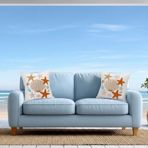 Moukeren 2 Pcs Seashell Starfish Throw Pillow Cover 18 x 18 Inch Summer Coastal Nautical Embroidered Decorative Pillow Cases Beach Ocean Square Cushion Cover for Sofa Couch Bedroom Decor Gift - style: Starfish Shells
