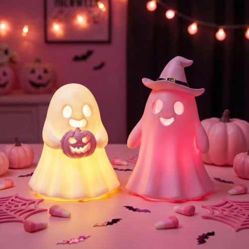 Fumete 2 Pcs Pink Ghost Halloween Decorations - Aesthetic Spooky Resin Light up Cute Ghost Couple with Witch Hat and Pumpkin, Halloween Indoor Figurines for Mantel, Shelf & Tabletop Home Party Decor - style: Pink Ghosts