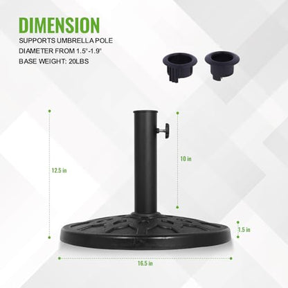 Backyard Expressions 20 lb Round Patio Umbrella Base – Heavy Duty Resin-Coated Calcium Carbonate Stand with Adjustable Pole Adapters Fits 1.5"–2" Poles, Weather-Resistant, Black Finish - color: Black 20 Lb