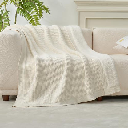 Reversible Waffle Weave Throw Blanket, Chenille Knit with Warm Sherpa, Soft Cozy Blanket for Couch, 50"x60", Ivory - color: Waffle-ivory