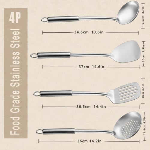 Pleafind Cooking Utensils Set - 4 Pcs Stainless Steel Kitchen Utensils Set with Solid Turner, Slotted Turner, Serving Ladle, Slotted Spoon, Wok Utensils Set with Heat Resistant Handle, Dishwasher Safe - color: 4P-Silver