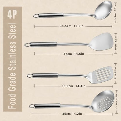 Pleafind Cooking Utensils Set - 4 Pcs Stainless Steel Kitchen Utensils Set with Solid Turner, Slotted Turner, Serving Ladle, Slotted Spoon, Wok Utensils Set with Heat Resistant Handle, Dishwasher Safe - color: 4P-Silver