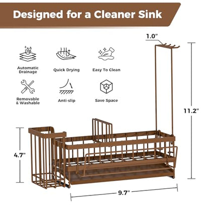 Kitchen Sink Organizer, Stainless Steel Sponge Holder, Brown | Rust-Resistant Steel, Detachable Draining Board, Compartment Divider, Brush Holder & Towel Bar, Ideal for Kitchen Storage - color: Brown
