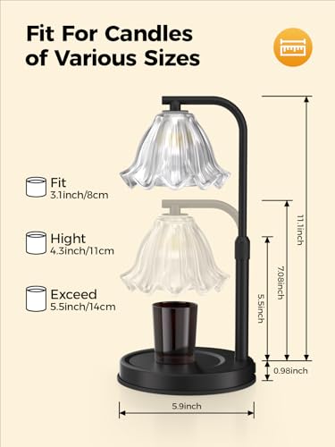 Flower Candle Warmer Lamp with Timer - Adjustable Height for Jar Candles | Metal and glass candle warmer with 4 brightness levels, 2/4/8-hour timer, adjustable 7.08-11.1 in pole and two 50W bulbs - color: New