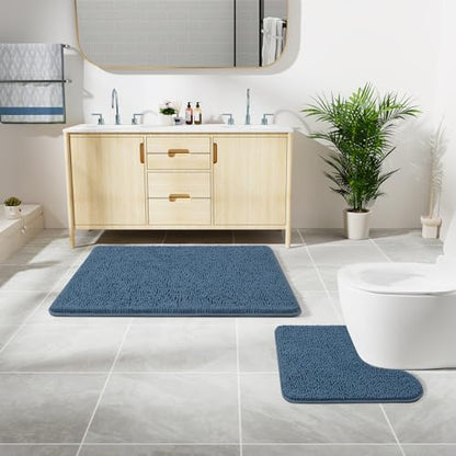 LOCHAS Bathroom Rugs Sets 2 Piece, 20''x20'' & 34''x21'', Denim Blue | Non Slip U-Shaped Toilet Rug, Chenille Washable Absorbent, Soft Bath Mat Set for Shower, Sink - color: Denim Blue
