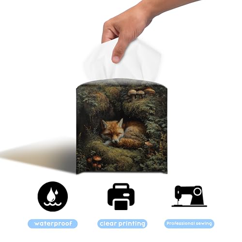 Sleeping Fox Tissue Box Cover, 5.2 Inch PU Leather Square Holder | PU leather tissue box cover with sleeping fox woodland design, hand-stitched detail, and removable liner for home or office. - color: Sleeping Fox