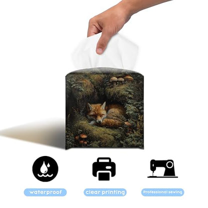 Sleeping Fox Tissue Box Cover, 5.2 Inch PU Leather Square Holder | PU leather tissue box cover with sleeping fox woodland design, hand-stitched detail, and removable liner for home or office. - color: Sleeping Fox