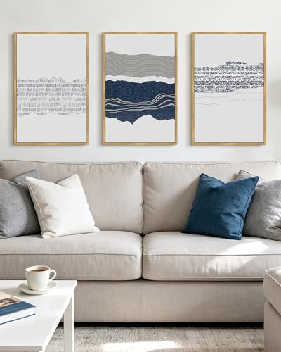 PHOPAGO Navy Blue Abstract Shapes Framed Wall Art Large 16x24in Mid Century Minimalist Boho Wall Decor Modern Neutral Rustic Farmhouse Living Laundry Decor - Natural Framed - color: Cyan Mid Century, size: 24L" x 16W" x 3 Pcs Natural