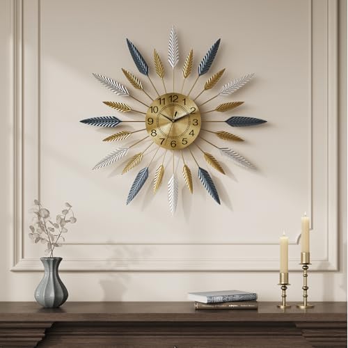 Cuspin Large Wall Clock, 24 Inch Mid Century Modern Clock Decorative Golden Feather Sunburst Wall Clock, Silent Non Ticking Battery Operated Wall Clocks for Living Room Decor - color: Leaf Sunburst, size: Small