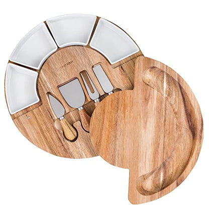 ChefSofi Charcuterie Board Set and Cheese Serving Platter - Made from Acacia Wood - US Patented 13 inch Cheese Board and Knife Set for Entertaining and Serving - 4 Knives and 4 Bowls - size: 13 inch
