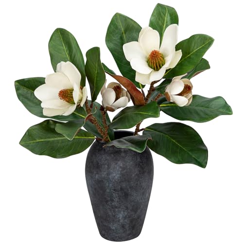 Briful Artificial Magnolia Floral Stems 2PCS 19.7'' Tall Faux Magnolia Silk Flowers Bouquet Fake Greenery Branches for Home Wedding Arrangements Table Vase Centerpieces Rustic Decor(Vase not Included) - color: White Green