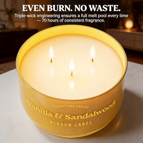 Hidden Label Vanilla Sandalwood Candle, 18oz 3 Wick, 70H Gold Bowl | Warm Amber Glass with Mirror Lid | Natural Non Toxic Soy Wax | Luxury Aromatherapy Gift for Women - color: Vanilla & Sandalwood