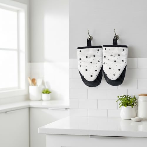 Mini Oven Mitts Set - 5.5” x 8.6” Small Heat Resistant Kitchen Mitt with Non-Slip Silicone Grips Palm, Soft Filling Washable Gloves with Hanging Loop for Home Cooking Baking Picnic (Flower) - color: White