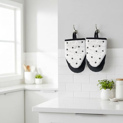Mini Oven Mitts Set - 5.5” x 8.6” Small Heat Resistant Kitchen Mitt with Non-Slip Silicone Grips Palm, Soft Filling Washable Gloves with Hanging Loop for Home Cooking Baking Picnic (Flower) - color: White