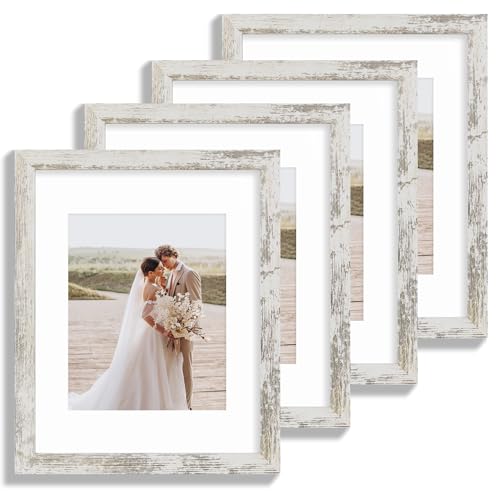 Hongkee 11x14 Picture Frame Set of 4, Made of Glass and Distressed White Wooden Frame, Display 8x10 Pictures with Mat or 11 x 14 Posters without Mat for Wall Mounting, Gallery Photo Frames - color: Distressed White, size: 11x14 in