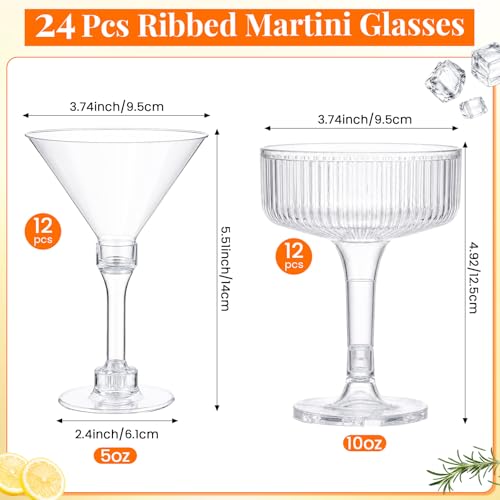Lounsweer Set of 24 Plastic Champagne Coupe, Including 12 Pcs 10 oz Champagne Tower Glasses and 12 Pcs 5 oz Martini Glasses Plastic, Stackable Ribbed Coupe Cocktail Cups for Wedding Birthday Party