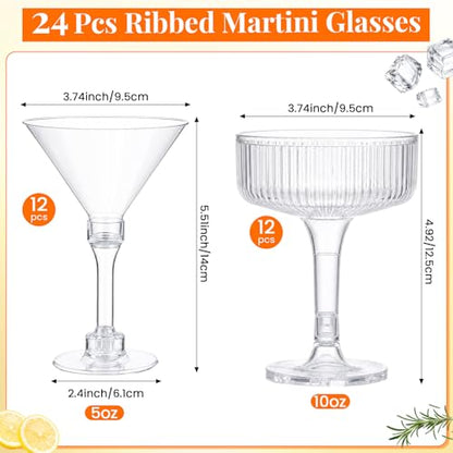 Lounsweer Set of 24 Plastic Champagne Coupe, Including 12 Pcs 10 oz Champagne Tower Glasses and 12 Pcs 5 oz Martini Glasses Plastic, Stackable Ribbed Coupe Cocktail Cups for Wedding Birthday Party