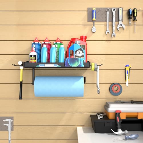 SUNTECH Garage Paper Towel Holder with Shelf, Wall-Mount (Black) | Fits 12 in Rolls, One-Hand Tear Design, Sturdy Iron, Holds Phones/Tablets, Includes 2 Detachable Hooks, for Garage, Tool Room - color: Black, size: 12.8-inch