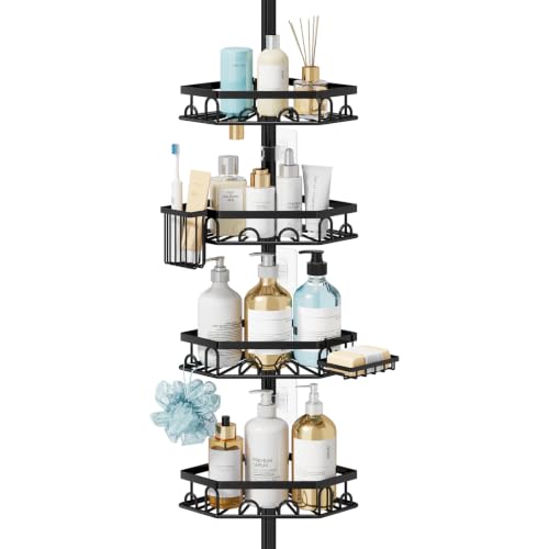 Consumest Shower Caddy Tension Pole - 4 Tier Corner Shower Shelves with Brush & Soap Holder, 304 Stainless Steel Rustproof Adjustable Organizer Rack for Bathtub, Bathroom, 27.6-108.3 Inch, Black - color: Black