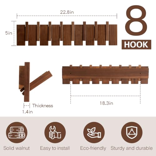 Wood Coat Rack Wall Mount, Coat Hooks Hanger Wall Mounted, Heavy Duty Wall Coat Rack with 8 Hooks for Hanging Coats/Keys/Hats/Robe&Towels/Plants/Bags, Walnut - size: 8 Hooks