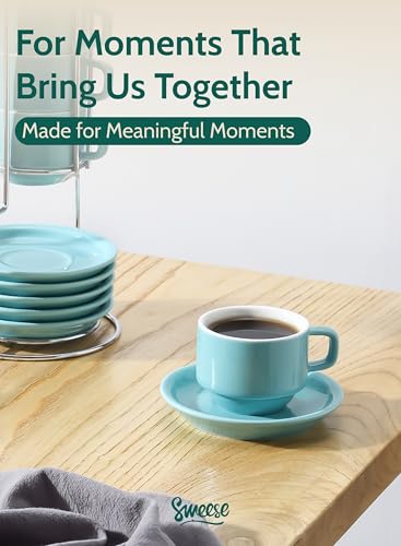 Sweese 4 Ounce Porcelain Stackable Espresso Cups with Saucers and Metal Stand Set of 4, Turquoise - color: Turquoise, size: 4 Ounces