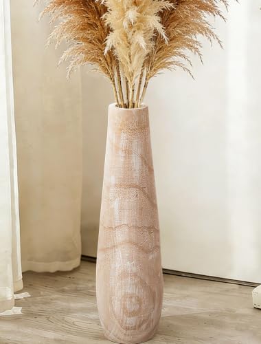 Hanobe Tall Wood Floor Vase for Pampas Grass, 22 in, Boho Beige | Paulownia wood grain with whitewashed finish, for rustic, farmhouse living room decor, break-resistant, pet-friendly.