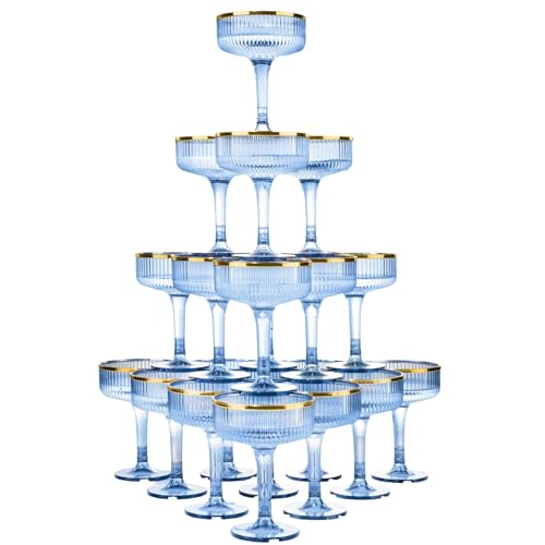 Goodluck 4-Tier Blue Champagne Tower - 20PCS 7oz Champagne Flutes Gold Rim | Plastic Coupe Glasses with Vertical Stripes for Weddings, Celebrations, Parties & Birthdays - color: Blue Gold Rim