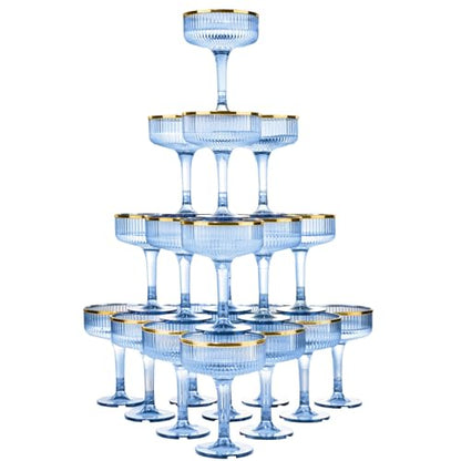Goodluck 4-Tier Blue Champagne Tower - 20PCS 7oz Champagne Flutes Gold Rim | Plastic Coupe Glasses with Vertical Stripes for Weddings, Celebrations, Parties & Birthdays - color: Blue Gold Rim