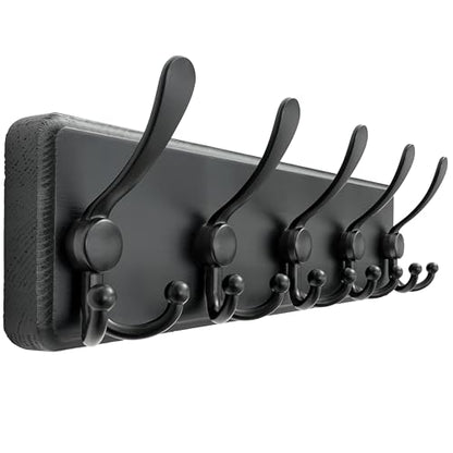 Coat Rack Wall Mounted - 5 Tri Hooks, Heavy Duty, Wooden Wall Coat Hanger Coat Hook for Clothes Hat Jacket Clothing, Black - color: Black, size: L=17.4"