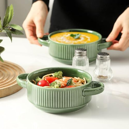 Soup Bowls with Handles, 23 oz French Onion Soup Crocks, Stackable Soup Bowl Oven Safe for Chili, Beef Stew, Embossment Ceramic Bowl Set - 5.4 Inch, Set of 4 (Green) - color: Green