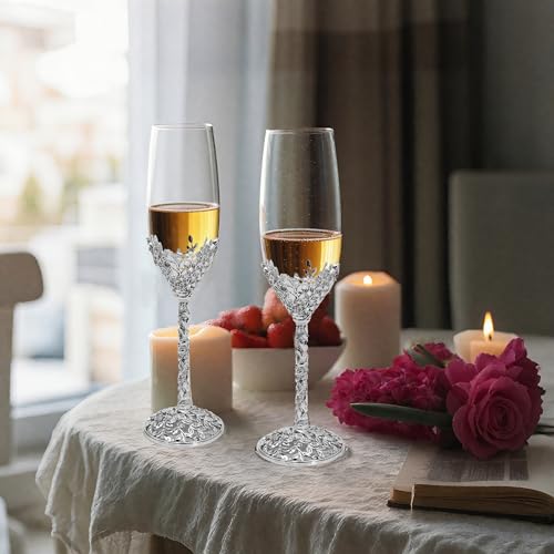Silver Champagne Flutes -His and Hers,Wedding Toasting Glasses for Engagement Celebrations, Bridal Shower and Registry Idea, Tall Wine Glasses for Bride and Groom Gifts,7oz (Chrome) - color: Chrome