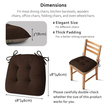 ELFJOY Dining Chair Cushions Set of 2 Non Slip 18"X18"X3" Brown | Thick,Textured Fabric, with Ties, Tufted, Large, for Kitchen, Dining Room, Indoor, Bedroom, Living Room, Office, Comfortable - color: Brown