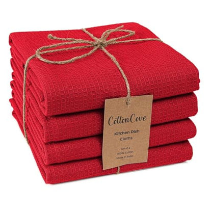 Waffle Kitchen Towels 100% Cotton Set of 4-320 GSM Quality - Soft Absorbent Durable Washable Dish Cleaning Towel for Kitchen & Home - Quick Drying Dish Towel 16x26 inch Red - color: Red