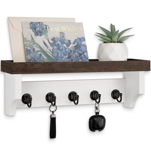 Key and Mail Holder Wall Mount, Key Holder with Shelf and Mail Organizer Wall Mount. Mail Holder with 5 Hooks for Coat, Dog Leash, Home Decor Rack, Entry Way Organizer (Brown & White) - color: Brown & White
