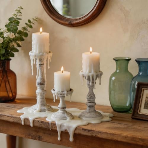 Rustic Distressed Wooden Candle Holder Set of 3 for Pillar Candles, Farmhouse Wood Candle Stands for Table Centerpieces & Living Room Home Decor (Rubber Wood(Distressed White))