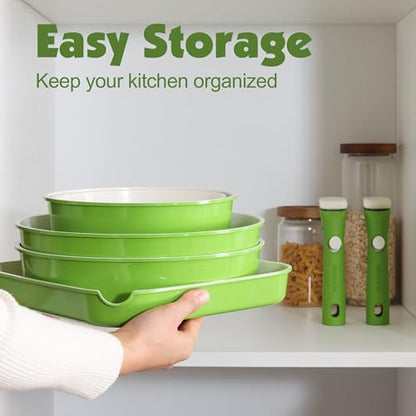 SENSARTE 17 Piece Ceramic Detachable Handle Pots and Pans Set Green | Ceramic Cookware Set, Induction Cookware Set with Removable Handle, Healthy Non Stick for RV, Dishwasher ＆ Oven Safe - color: Green, size: 17 Piece