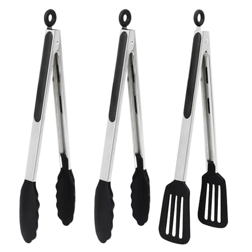 12 Inch Kitchen Tongs Set of 3, Silicone Tongs with Silicone Tips | Stainless Steel Handle, Non-Scratch, Heat Resistant, for Cooking, Baking, Grilling - color: Black, size: 12inch