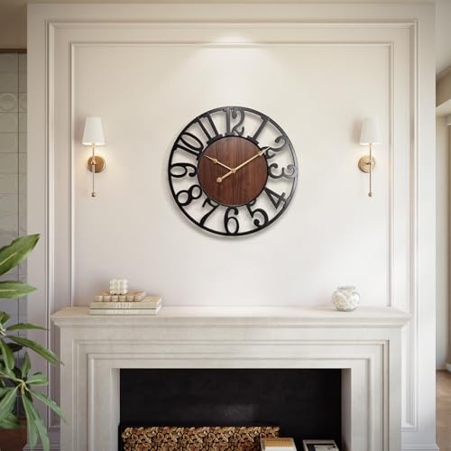 Vantic24 Inch Large Wall Clock, Arabic Numeral Wood Oversized Wall Clock | Vintage Round Modern Metal Wall Clock for Living Room Decor, Bedroom & Kitchen, Silent/Non Ticking/Battery Operated - color: Black-ironwood-arabic, size: 24 inch