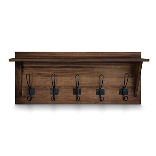 HBCY Creations Rustic Brown Solid Wood Wall Mounted Coat Rack with Shelf, 5 Hooks, 24" Long - Kitchen, Mudroom, Entryway, Bathroom - Includes Mounting Hardware, Coat Hanger, Dog Leash Hooks - color: 1- Rustic Brown