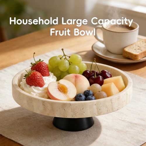 Large Decorative Fruit Bowl,Modern Travertine Key Bowl for Entryway Table,Pedestal Bowl for Dining Table Center,Living Room, Kitchen Decor Modern Home Decor Marble Bowl (10.23 Inch)