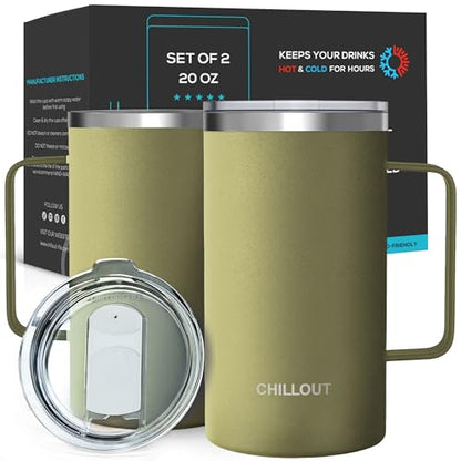 CHILLOUT LIFE Stainless Steel Vacuum Insulated Coffee Mug 20 oz (Set of 2) with Handle and Lid, Large Thermal Camping Coffee Mugs with Sliding Lid for Men & Women, Keeps Your Beverages Hot & Cold - color: Army Green, size: 20 Ounces - 2 Pack
