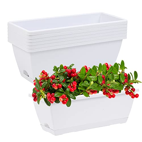 CHUKEMAOYI Window Box Planter, 7 Pack Plastic Vegetable Flower Planters Boxes 17 Inches Rectangular Flower Pots with Saucers for Indoor Outdoor Garden, Patio, Home Decor (White) - color: White, size: 16.6 x 7 x 5.9 inches