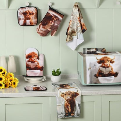 VitalCozy 8 Pcs Highland Cow Kitchen Towels Pot Holders Oven Mitt Set Absorbent Highland Cattle Dish Towels Square Potholders Watercolor Heat Resistant Glove for Home Cooking Baking Gift(Funny) - style: Funny