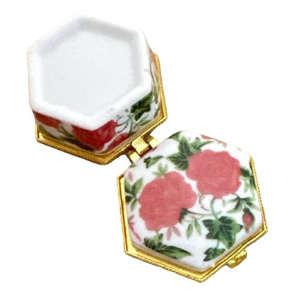 Tiny Hexagon Porcelain Trinket Box | Pink Tea Roses | French Style Gift Box with Velvet Bag - style: Pink Tea Roses Hexagon