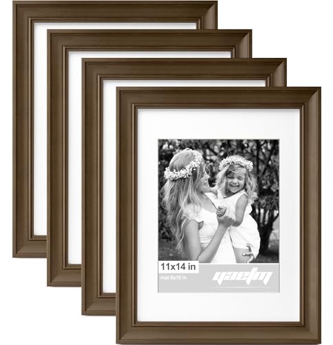 Yaetm 11x14 Picture Frame with Mat for 8x10 Set of 4, 1.4" Wide Molding Brown Wood Grain Photo Frames 11 x 14 with Tempered Glass for Home and Office, Wall Mount (4 pack, Wood Brown) - color: Wood Brown, size: 11x14, 4 pack