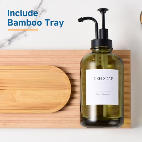 Glass Soap Dispenser with Upgrade Pump, Hand and Dish Soap Dispenser for Bathroom Kitchen, Soap Dispenser Set with 9 Stickers Funnel Bamboo Tray 500ml 18oz Green - color: Olive Green