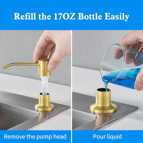 Built in Soap Dispenser for Kitchen Sink, Gold Brushed Stainless Steel Countertop Pump Head, Dish Soap Hand Lotion Dispenser with Refillable 17OZ Bottle - color: Gold Brushed